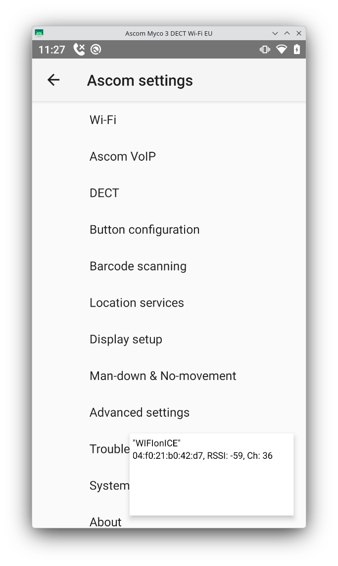 Ascom settings menu, with a little overlay showing RSSI, MAC and channel for the currently connected wifi, "WIFIonICE"