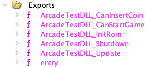 A few symbol names in the "Exports" section: ArcadeTestDLL_CanInsertCoin ArcadeTestDLL_CanStartGame ArcadeTestDLL_InitRom ArcadeTestDLL_Shutdown ArcadeTestDLL_Update entry 